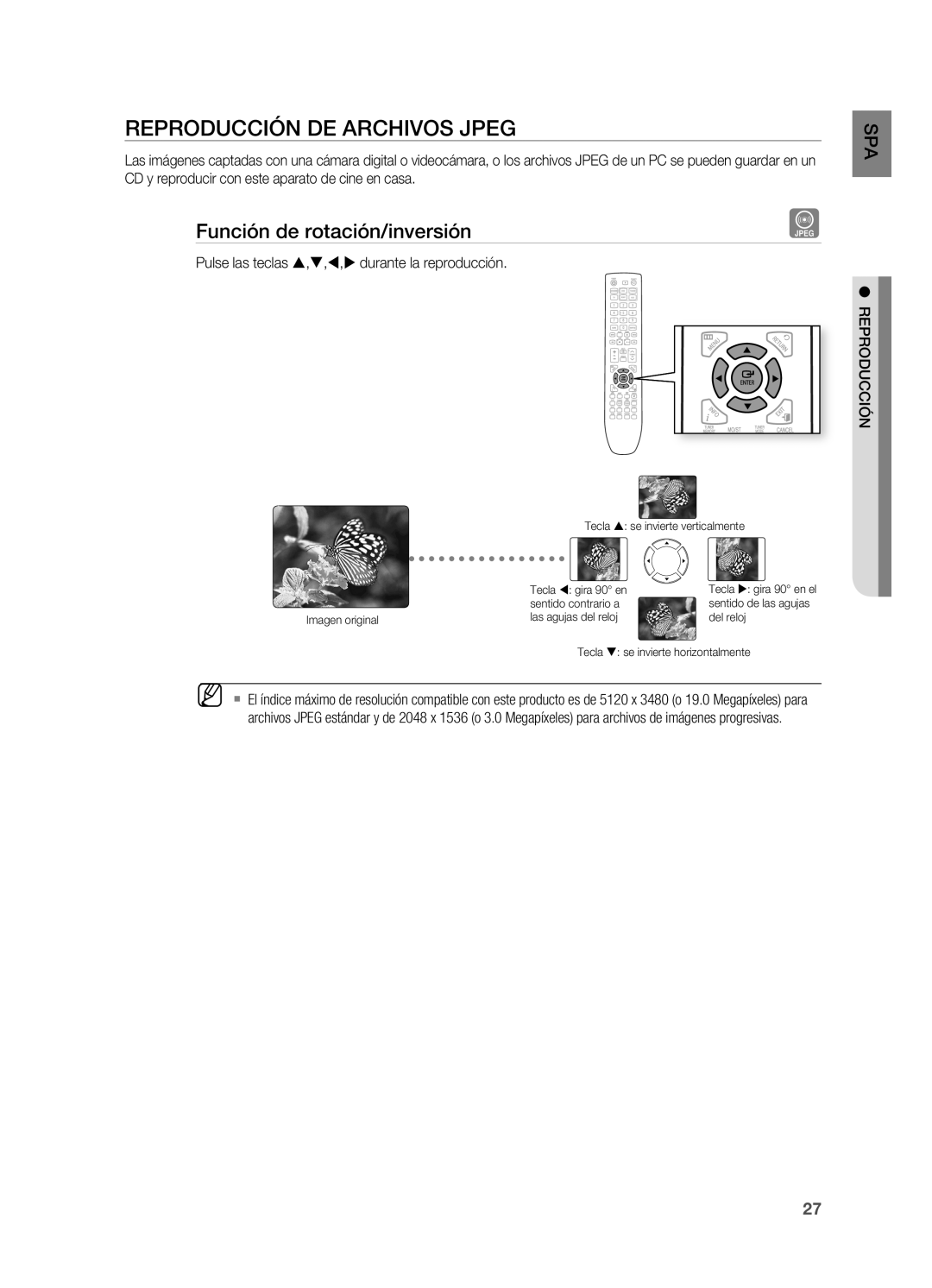 Samsung HT-X720T/XET manual Reproducción DE Archivos JPEg, Función de rotación/inversión 