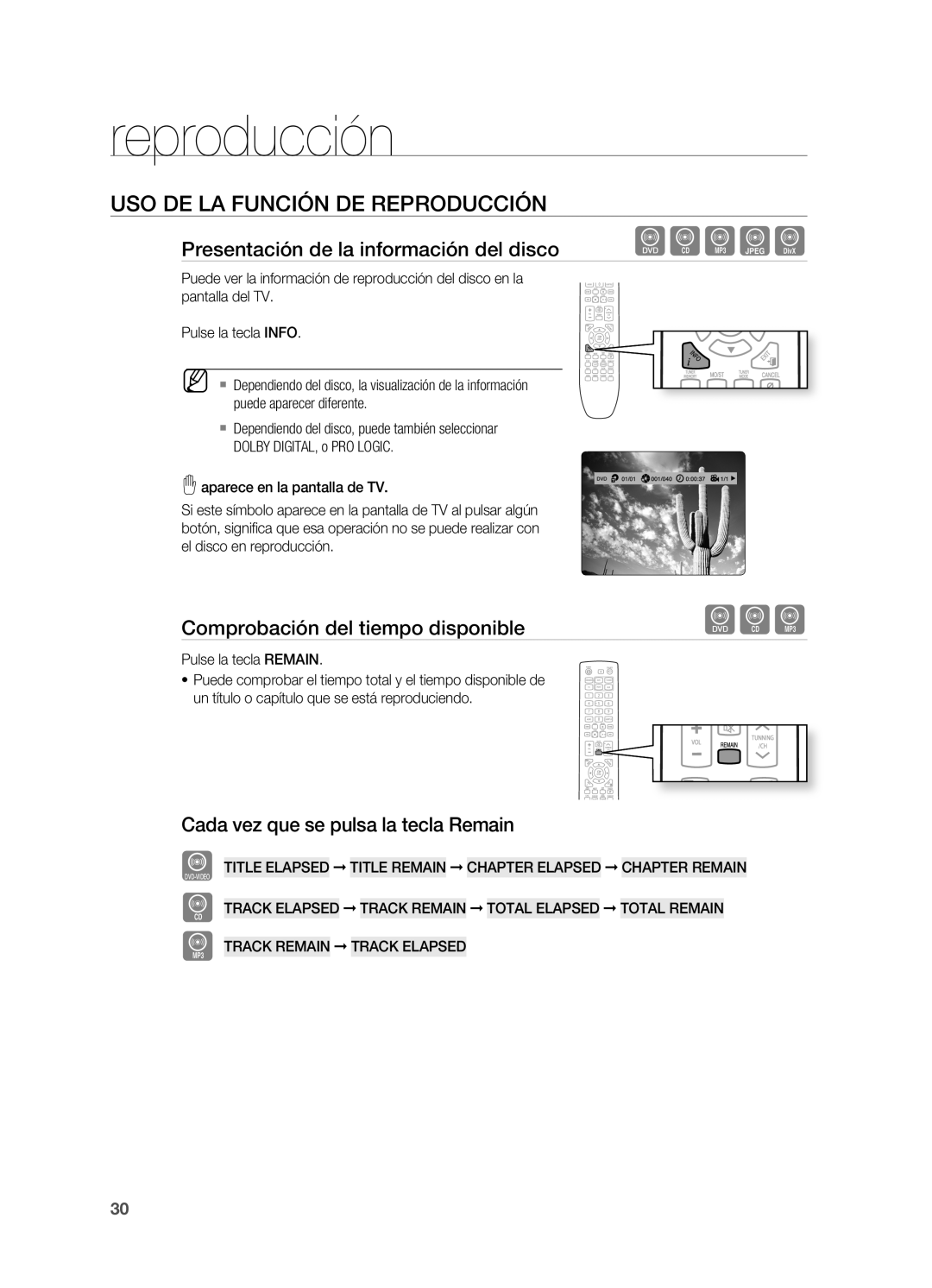 Samsung HT-X720T/XET USO DE LA Función DE Reproducción, Presentación de la información del disco, Pulse la tecla Remain 