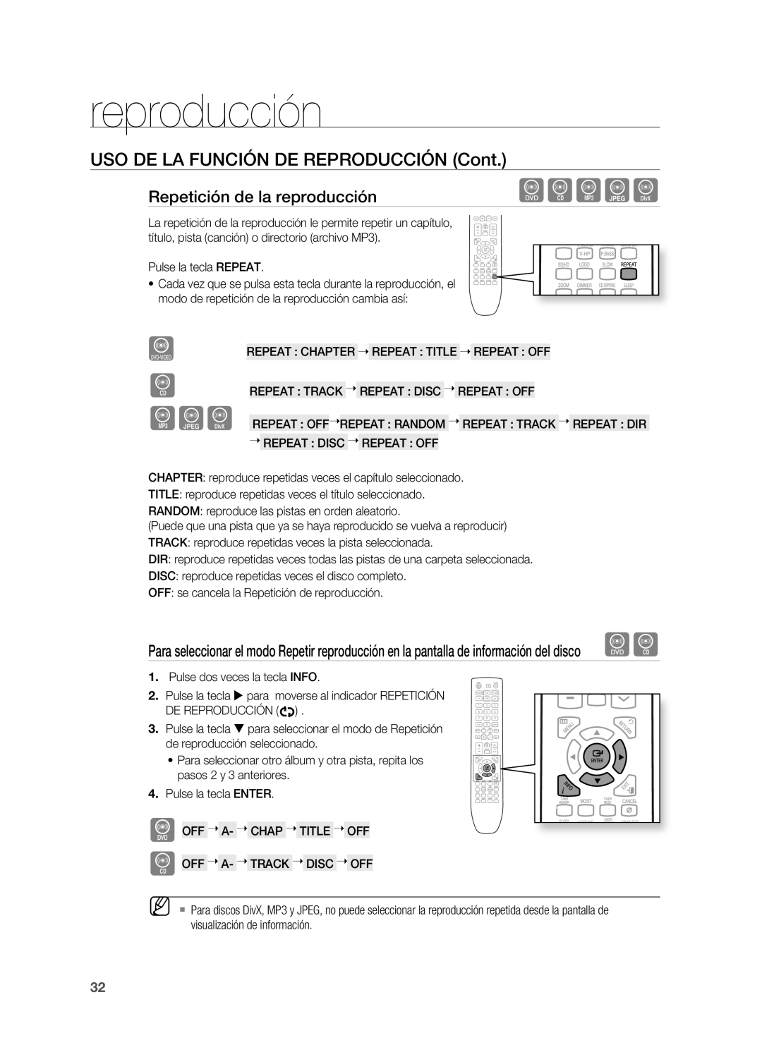 Samsung HT-X720T/XET manual USO DE LA Función DE Reproducción, Repetición de la reproducción, Pulse la tecla Repeat 