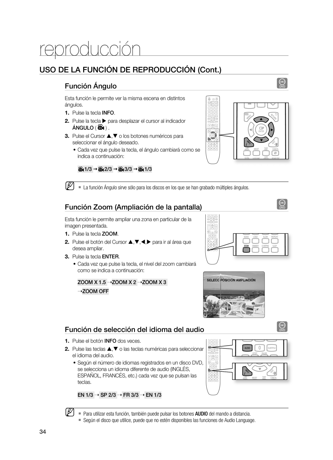 Samsung HT-X720T/XET Función Ángulo, Función zoom Ampliación de la pantalla, Función de selección del idioma del audio 