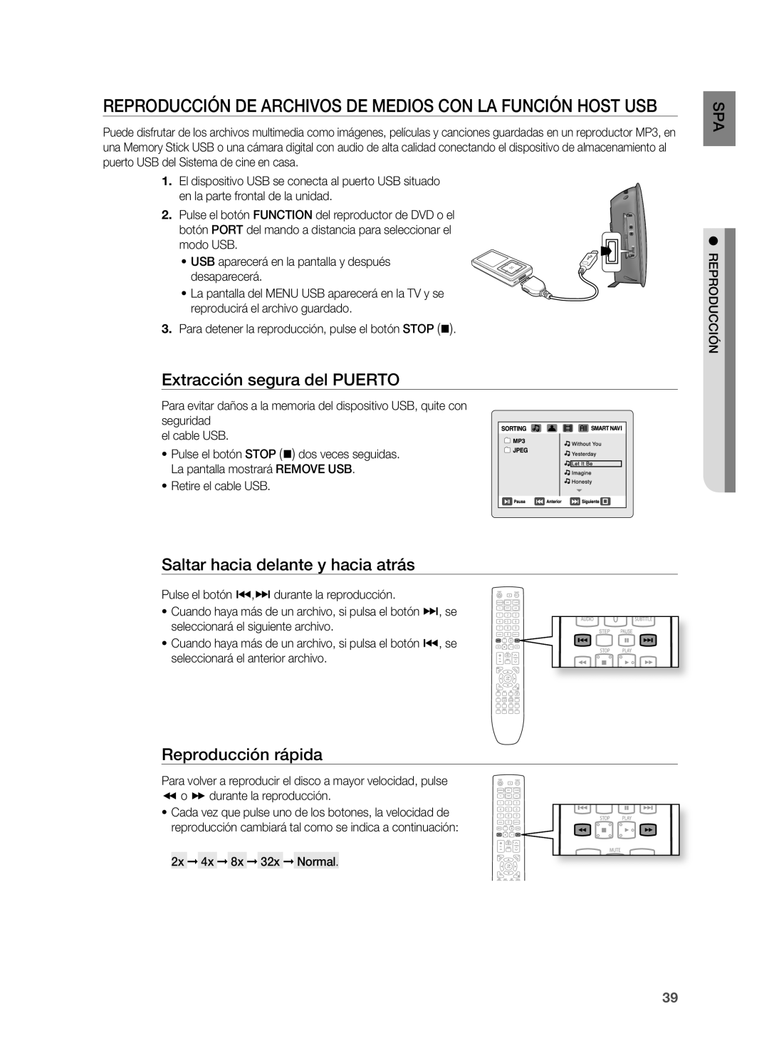 Samsung HT-X720T/XET manual Reproducción DE Archivos DE Medios CON LA Función Host USB, Extracción segura del Puerto 