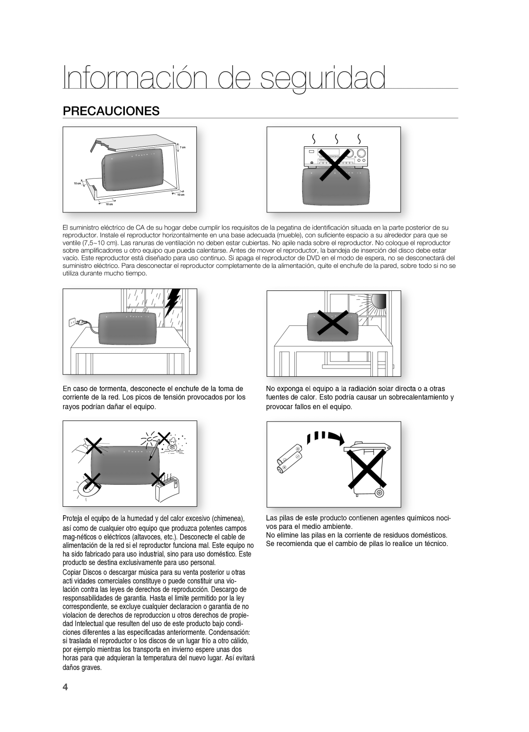 Samsung HT-X720T/XET manual Precauciones, Rayos podrían dañar el equipo 