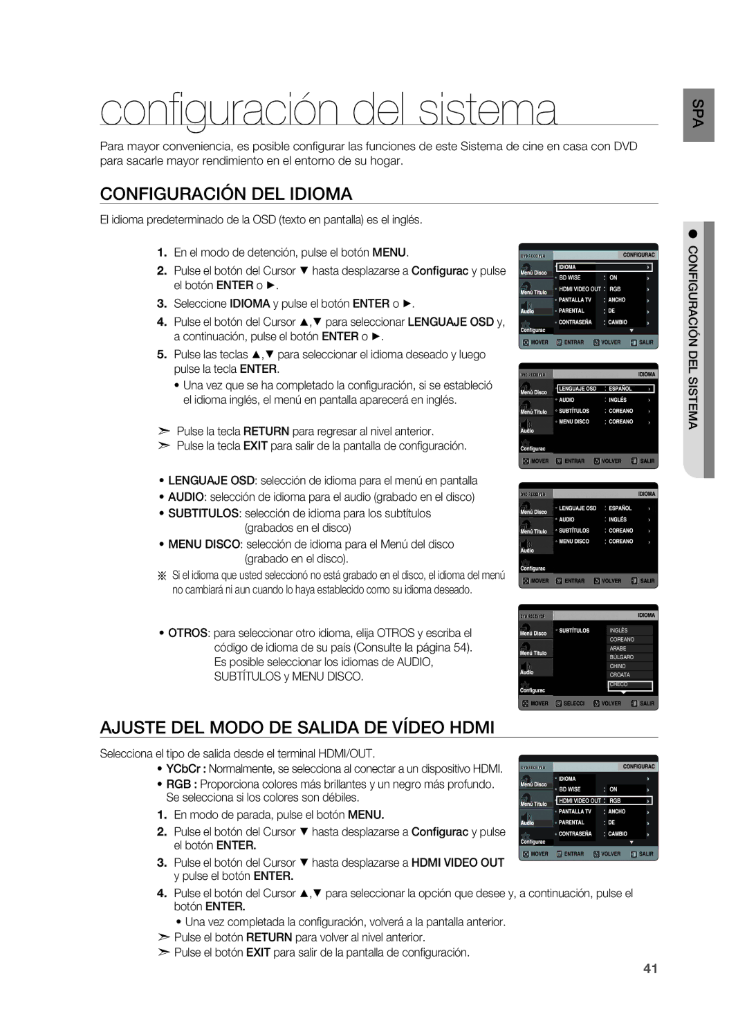 Samsung HT-X720T/XET manual Configuración del sistema, Configuración del idioma, Ajuste del Modo DE Salida DE Vídeo Hdmi 