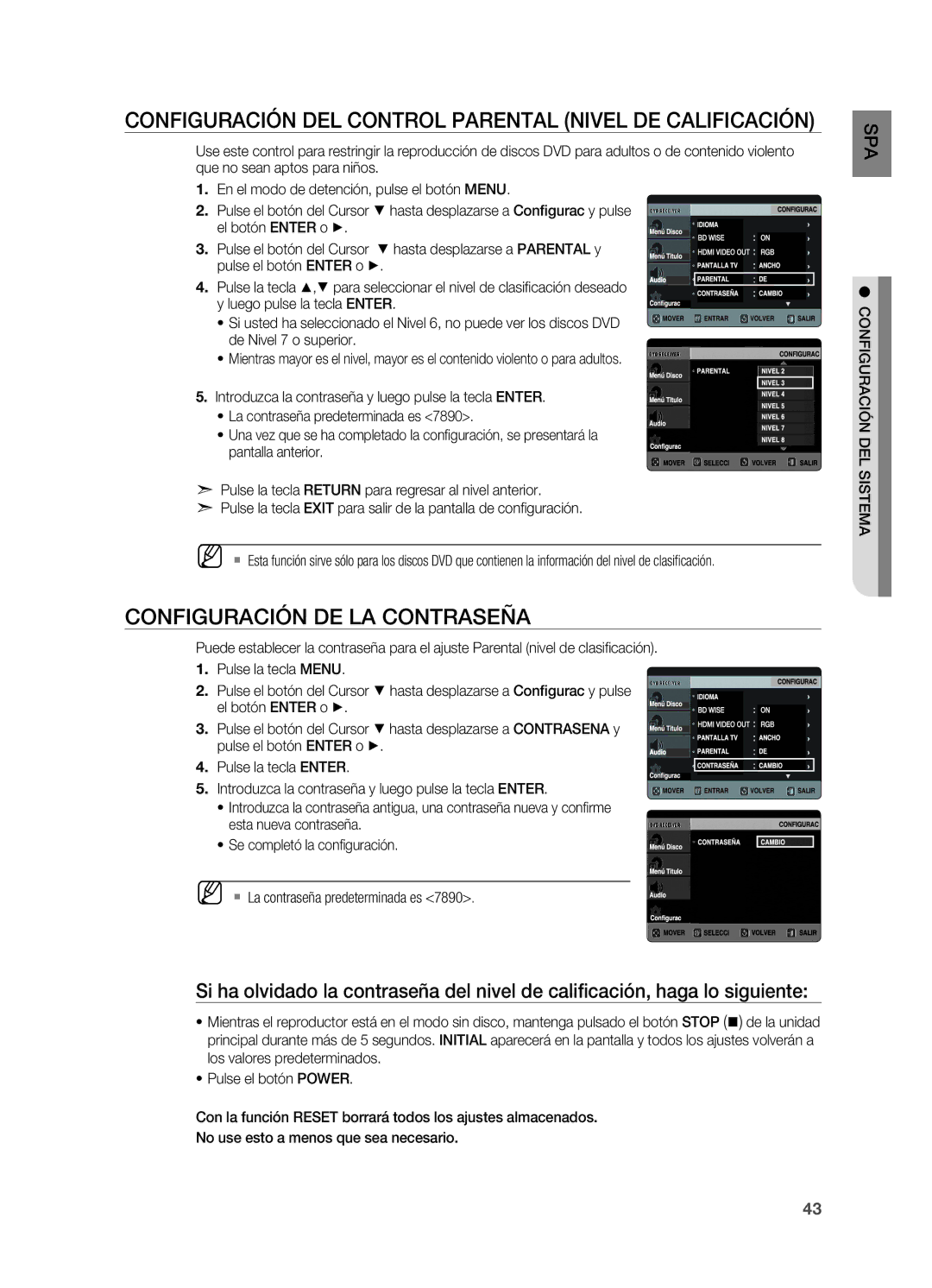 Samsung HT-X720T/XET manual Configuración del control parental Nivel DE Calificación, Configuración de la contraseña 