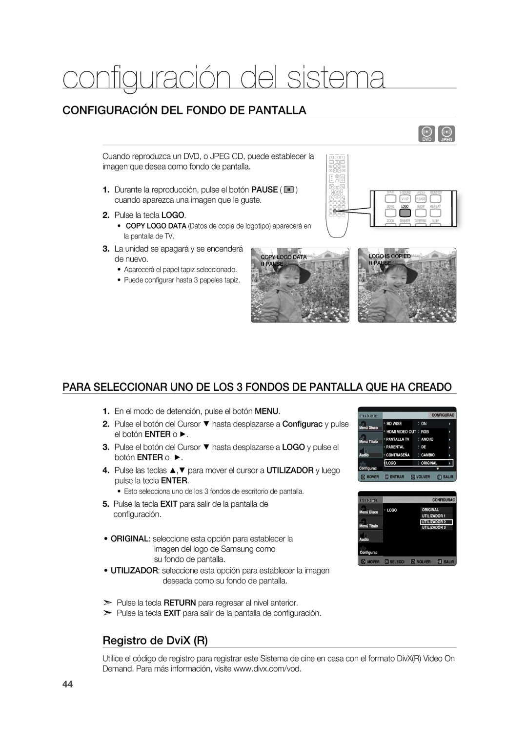 Samsung HT-X720T/XET manual Confi guración del sistema, CONFIgURACIÓN DEL Fondo DE Pantalla, Registro de DviX R 