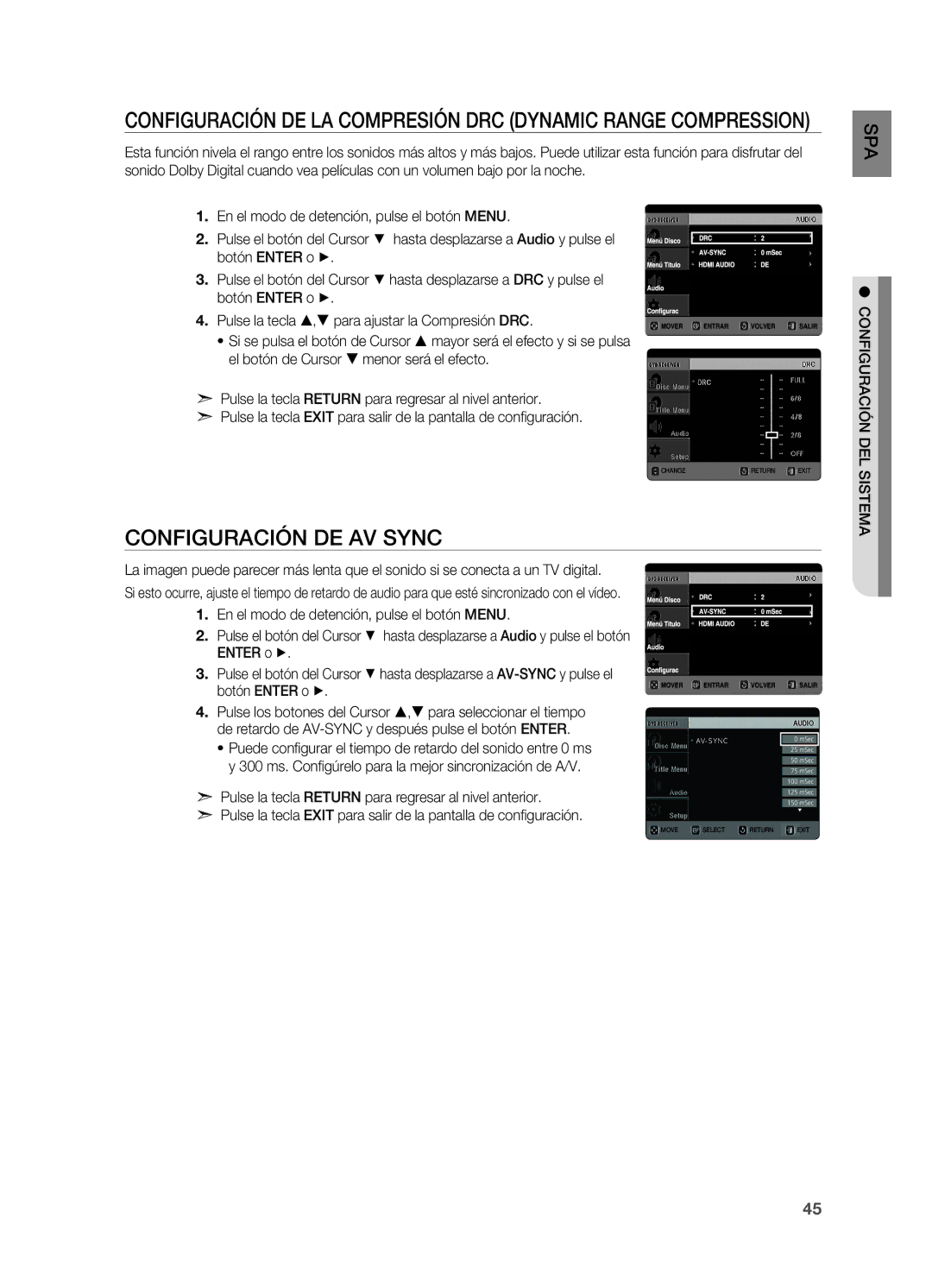 Samsung HT-X720T/XET manual Configuración de la compresión DRC Dynamic Range Compression, Configuración de AV Sync 