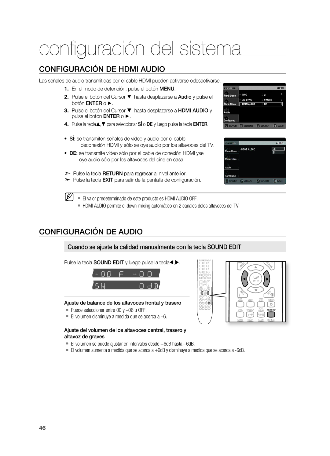 Samsung HT-X720T/XET manual CONFIgURACIÓN DE Hdmi Audio, CONFIgURACIÓN DE Audio 