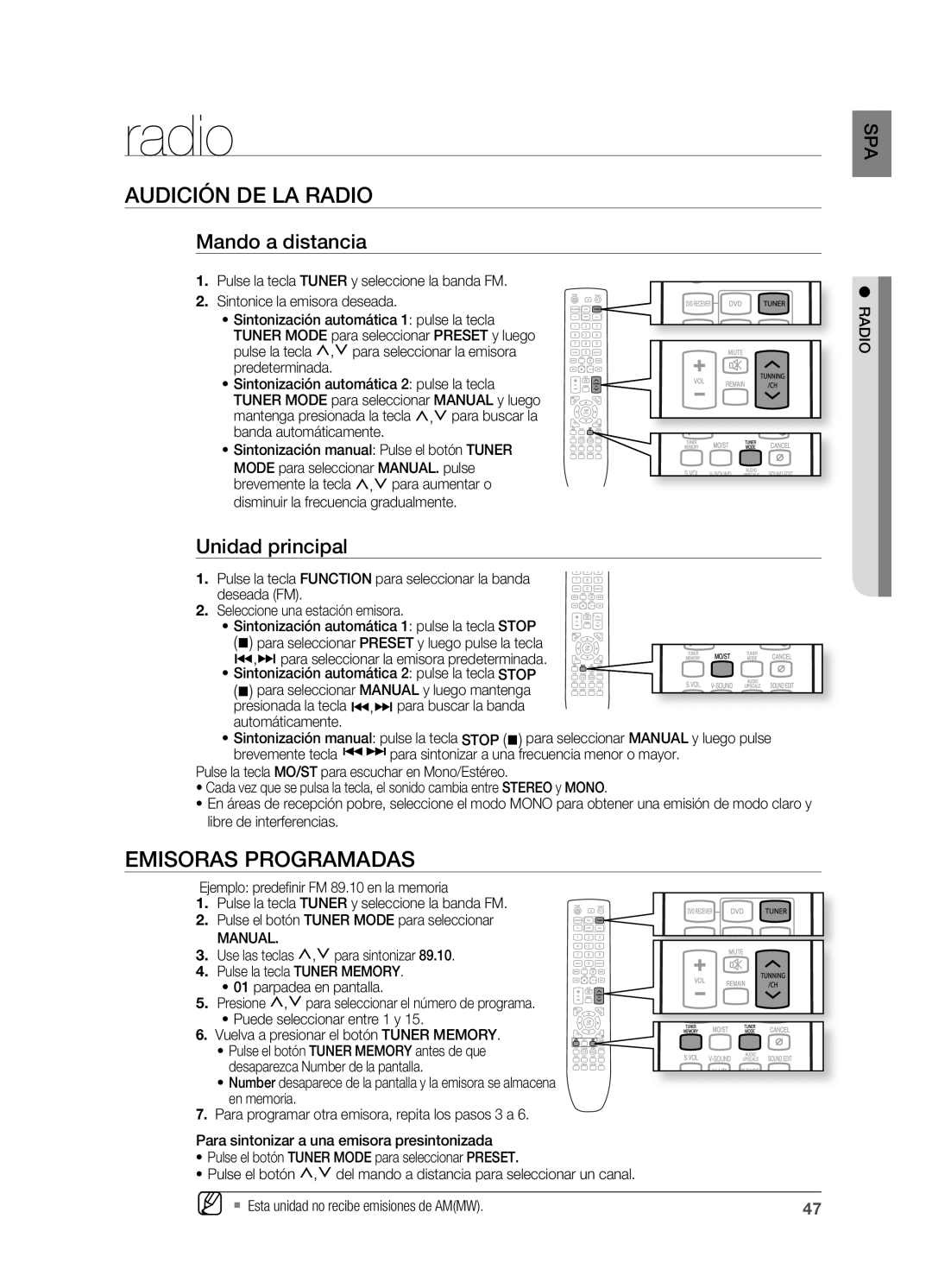 Samsung HT-X720T/XET manual Audición DE LA Radio, Emisoras PROgRAMADAS, Mando a distancia, Unidad principal 