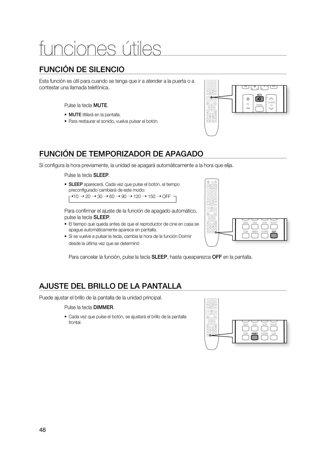 Samsung HT-X720T/XET manual Funciones útiles, Función DE Silencio, Función DE TEMPORIzADOR DE APAgADO 