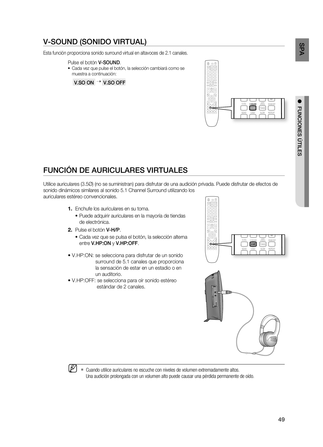 Samsung HT-X720T/XET manual Sound Sonido Virtual, Función DE Auriculares Virtuales, SO on  V.SO OFF, Funciones Útiles 