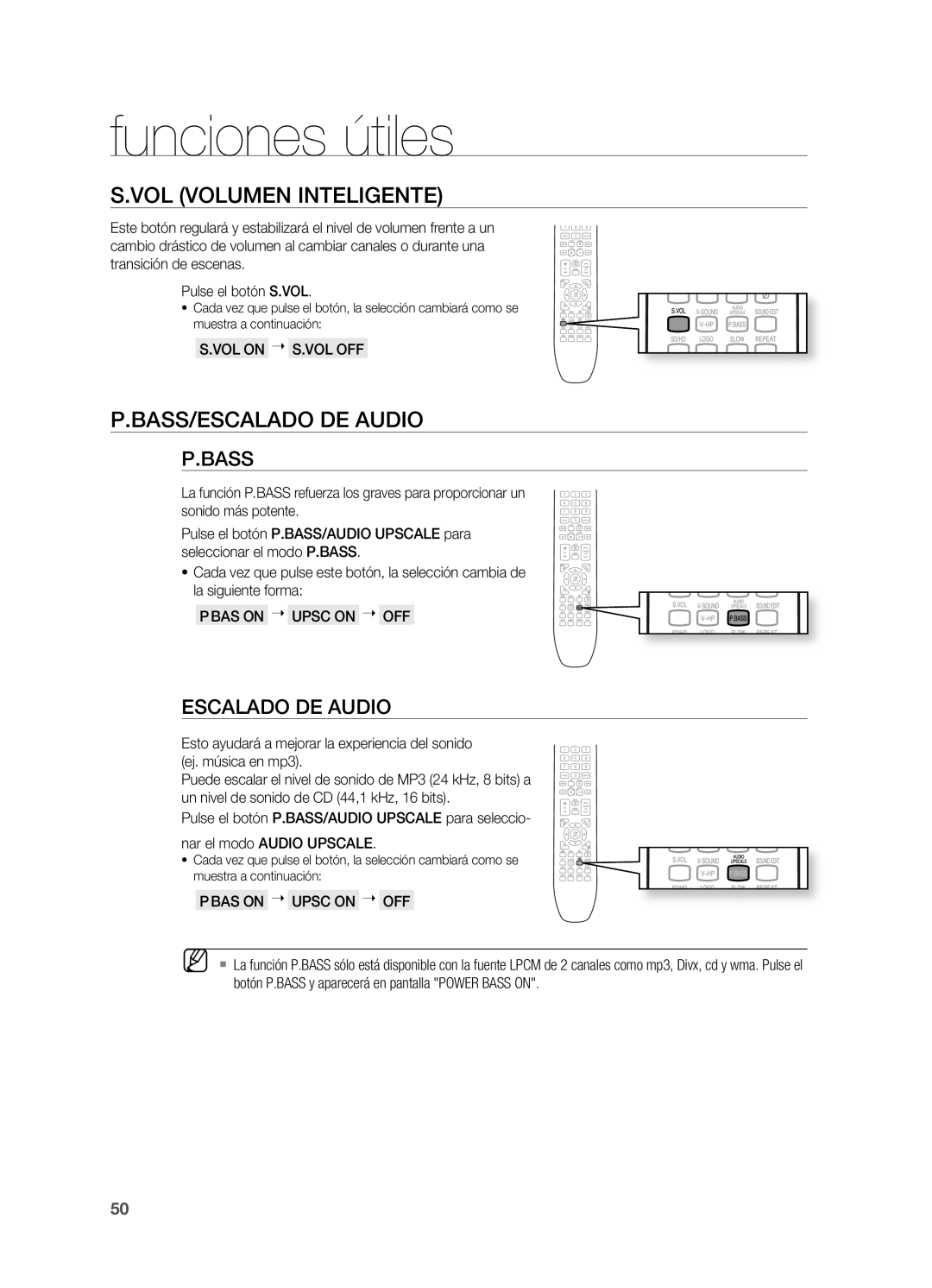 Samsung HT-X720T/XET manual VOL Volumen INTELIgENTE, BASS/ESCALADO DE Audio, VOL on  S.VOL OFF, BAS on  Upsc on  OFF 