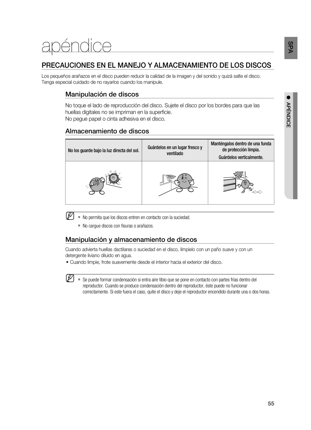 Samsung HT-X720T/XET manual Apéndice, Precauciones en el manejo y almacenamiento de los discos, Manipulación de discos 