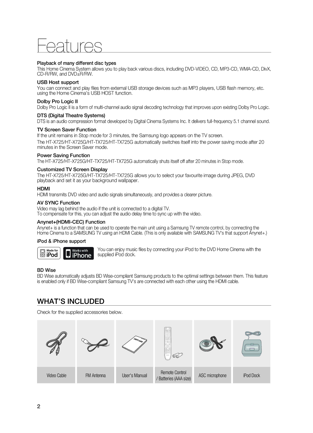 Samsung HT-TX725G, HT-X725G Features, What’s included, DTS Digital Theatre Systems, Hdmi, ASC microphone IPod Dock 