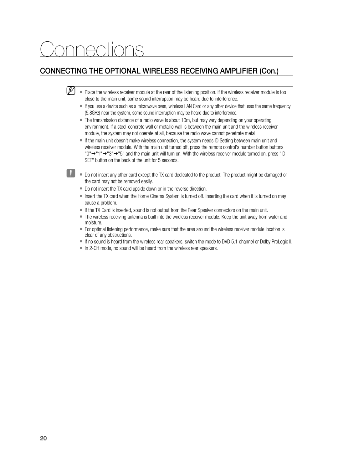 Samsung HT-X725G, HT-TX725G user manual Connecting the Optional Wireless Receiving Amplifier Con 