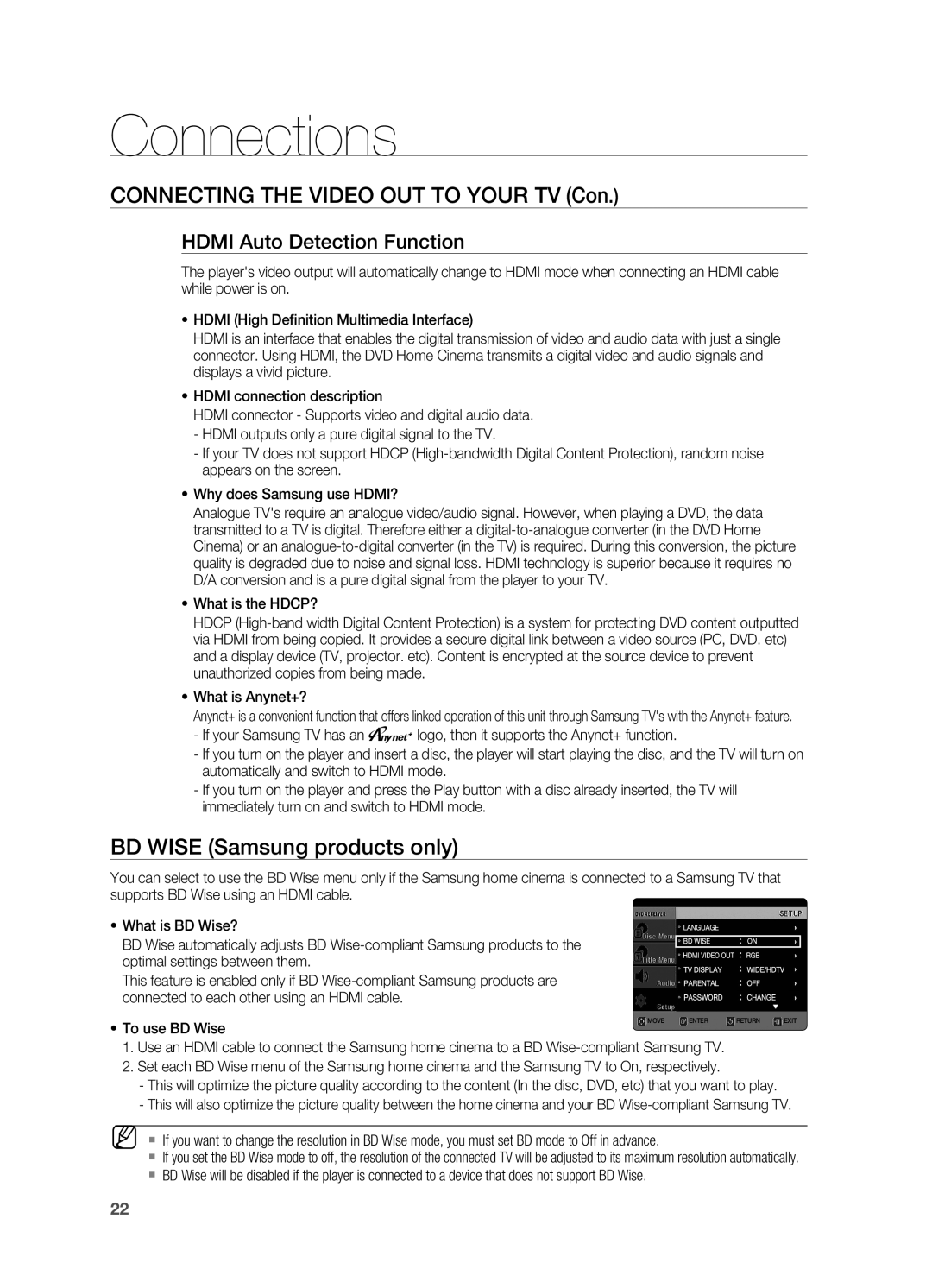 Samsung HT-TX725G Connecting the Video Out to your TV Con, BD Wise Samsung products only, Hdmi Auto Detection Function 