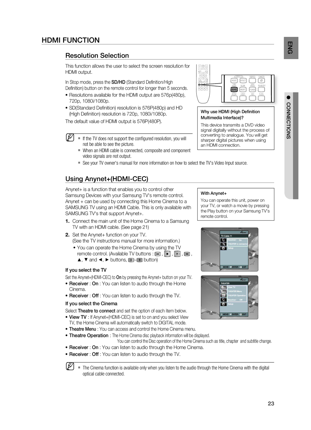 Samsung HT-X725G, HT-TX725G user manual Hdmi Function, Resolution Selection, Using Anynet+HDMI-CEC 