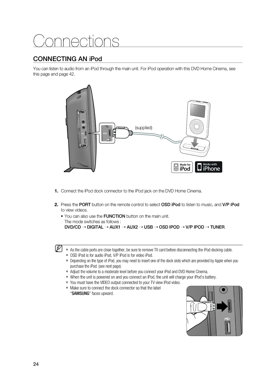 Samsung HT-X725G, HT-TX725G user manual Connecting an iPod 