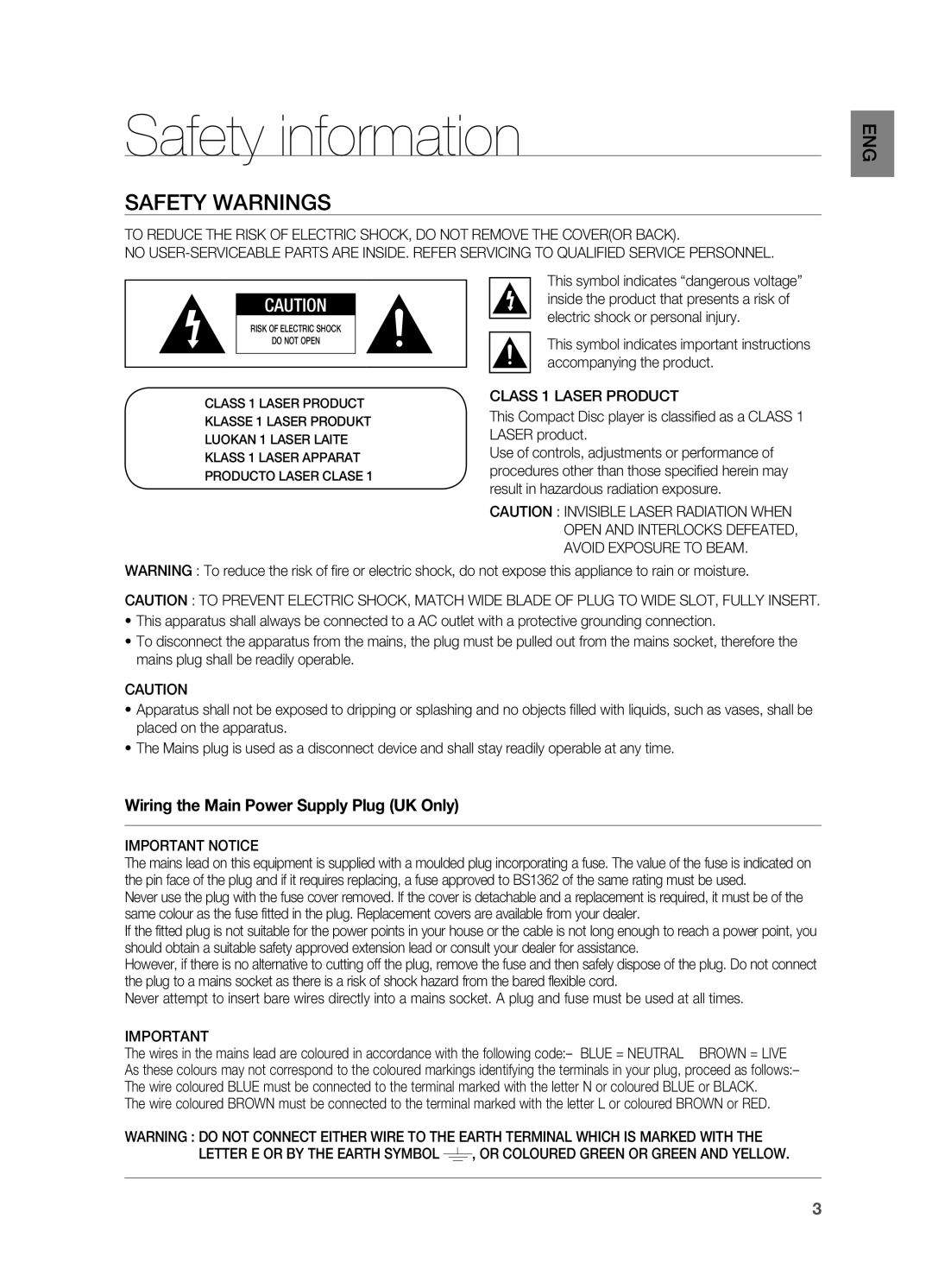 Samsung HT-X725G, HT-TX725G user manual Safety information, Safety Warnings, Class 1 Laser Product, Important Notice 