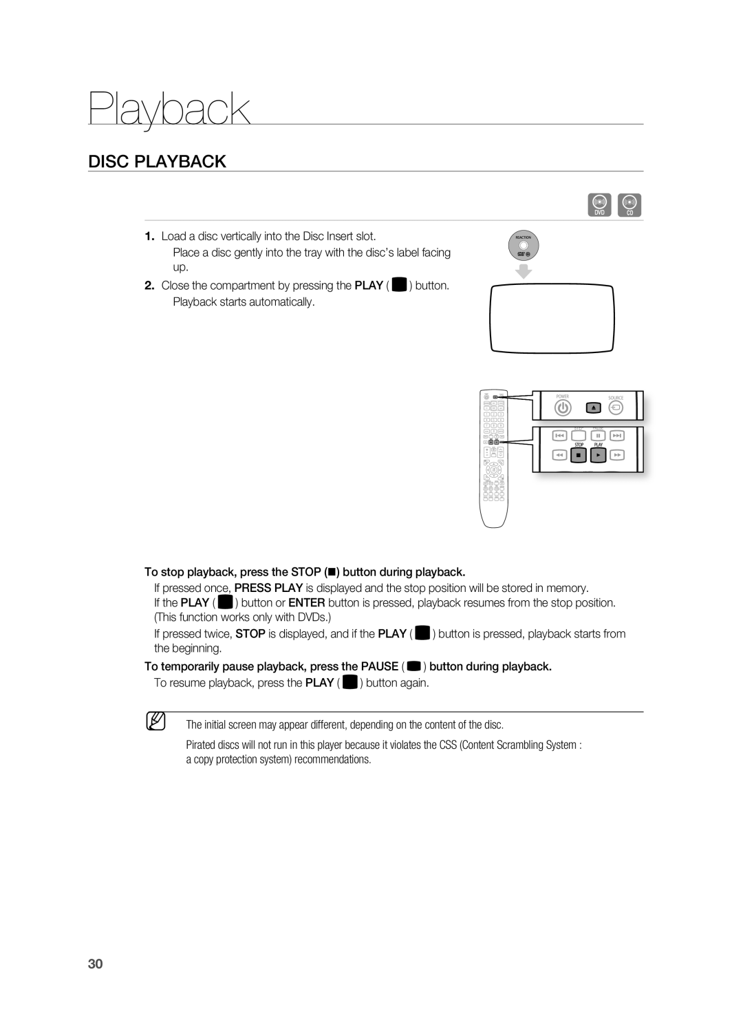 Samsung HT-TX725G, HT-X725G user manual Disc Playback 