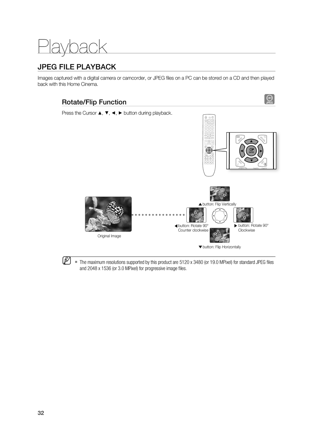 Samsung HT-X725G, HT-TX725G Jpeg File Playback, Rotate/Flip Function, Press the Cursor $, %, , + button during playback 