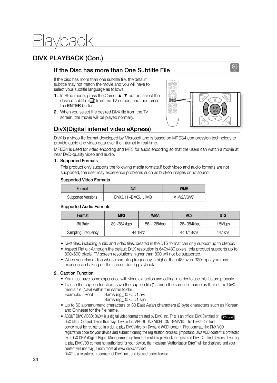 Samsung HT-TX725G Divx Playback Con, If the Disc has more than One Subtitle File, DivXDigital internet video eXpress, Dts 