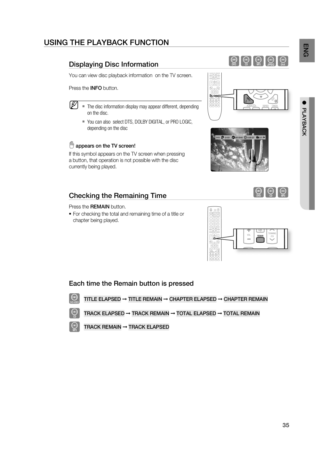 Samsung HT-TX725, HT-X725G Using the Playback Function, Displaying Disc Information, Checking the remaining Time 