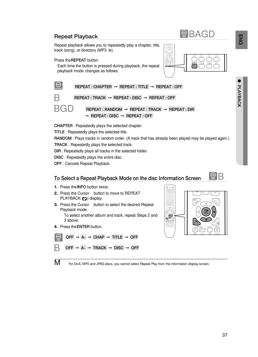 Samsung HT-X725G, HT-TX725G user manual Repeat Playback, OFF A- Chap Title OFF, OFF A- TrACK Disc OFF 