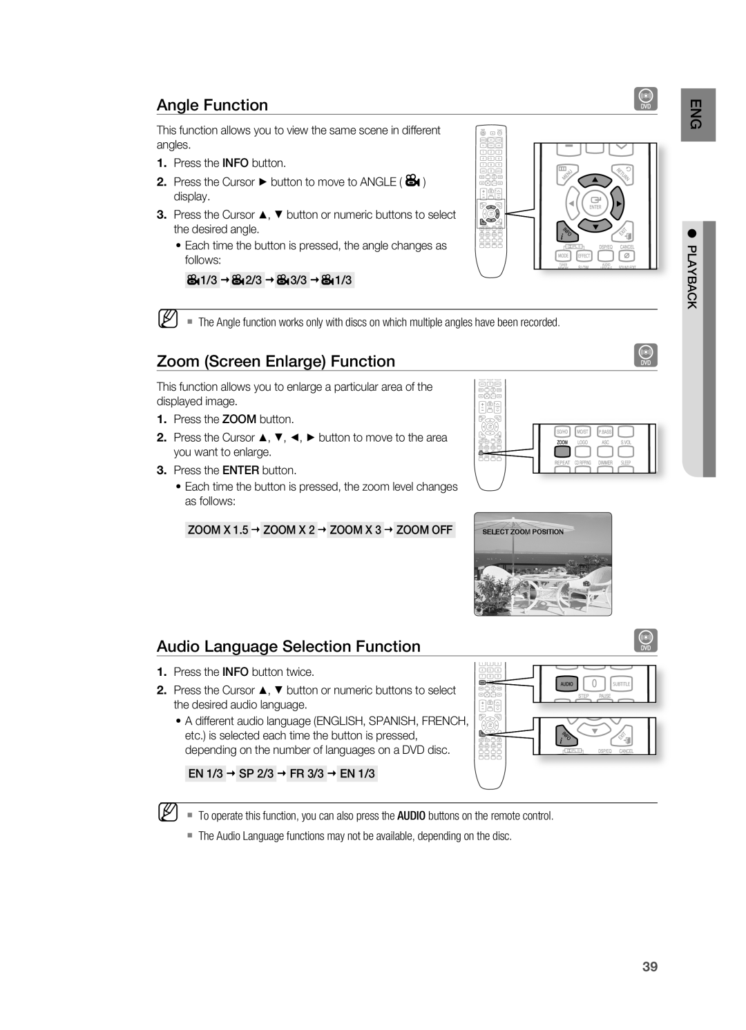 Samsung HT-TX725, HT-X725G Angle Function, Zoom Screen Enlarge Function, Audio Language Selection Function, Zoom X 