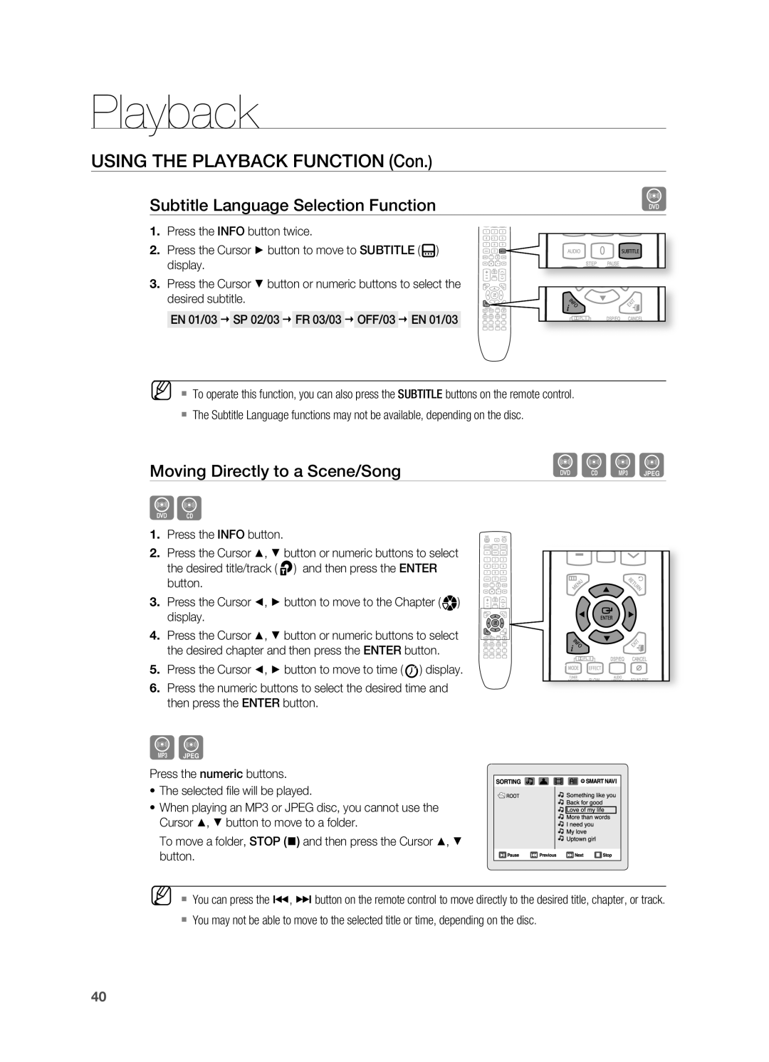 Samsung HT-X725G, HT-TX725G user manual Subtitle Language Selection Function, Moving Directly to a Scene/Song 