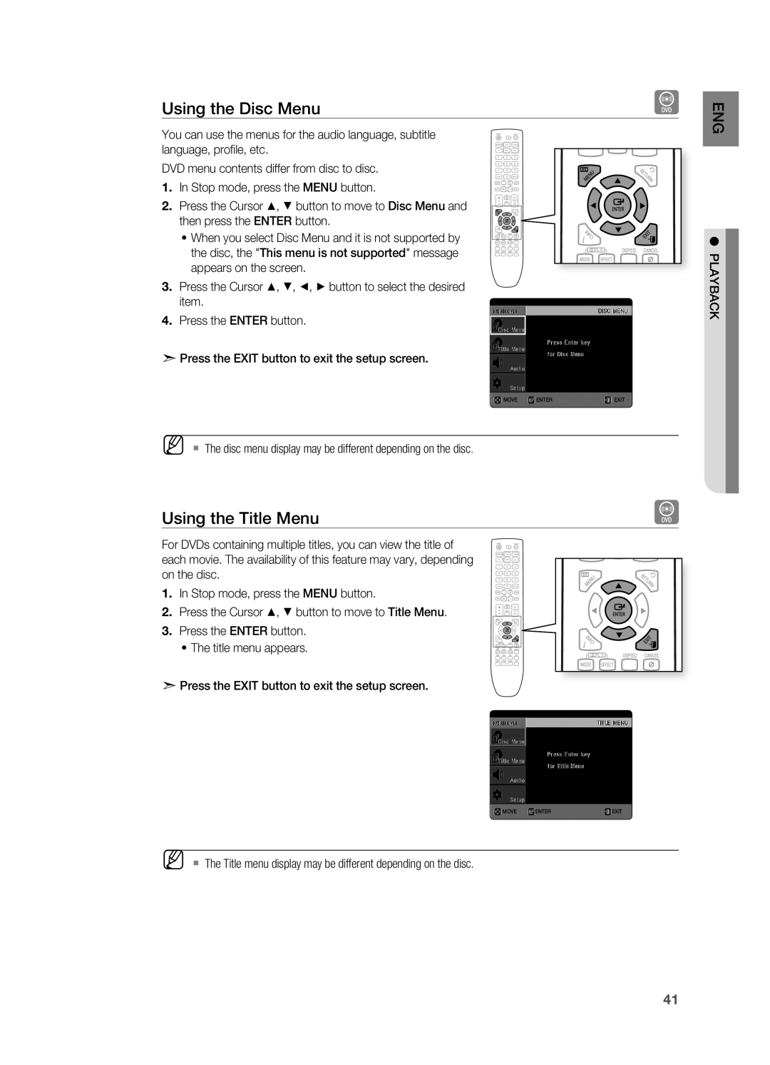 Samsung HT-X725G, HT-TX725G user manual Using the Disc Menu, Using the Title Menu 