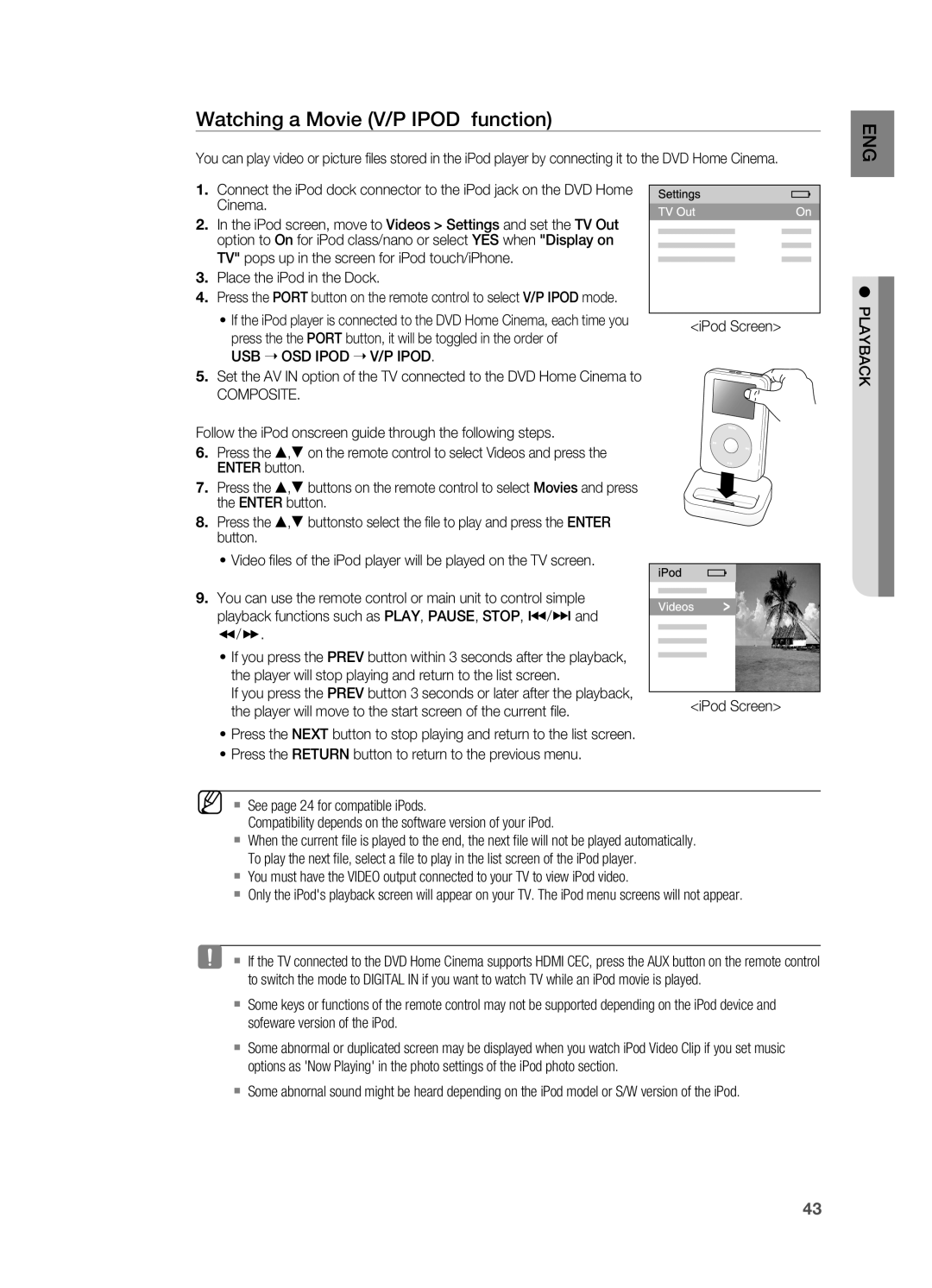 Samsung HT-X725G, HT-TX725G user manual Watching a Movie V/P Ipod function, USB  OSD Ipod  V/P Ipod, Composite 