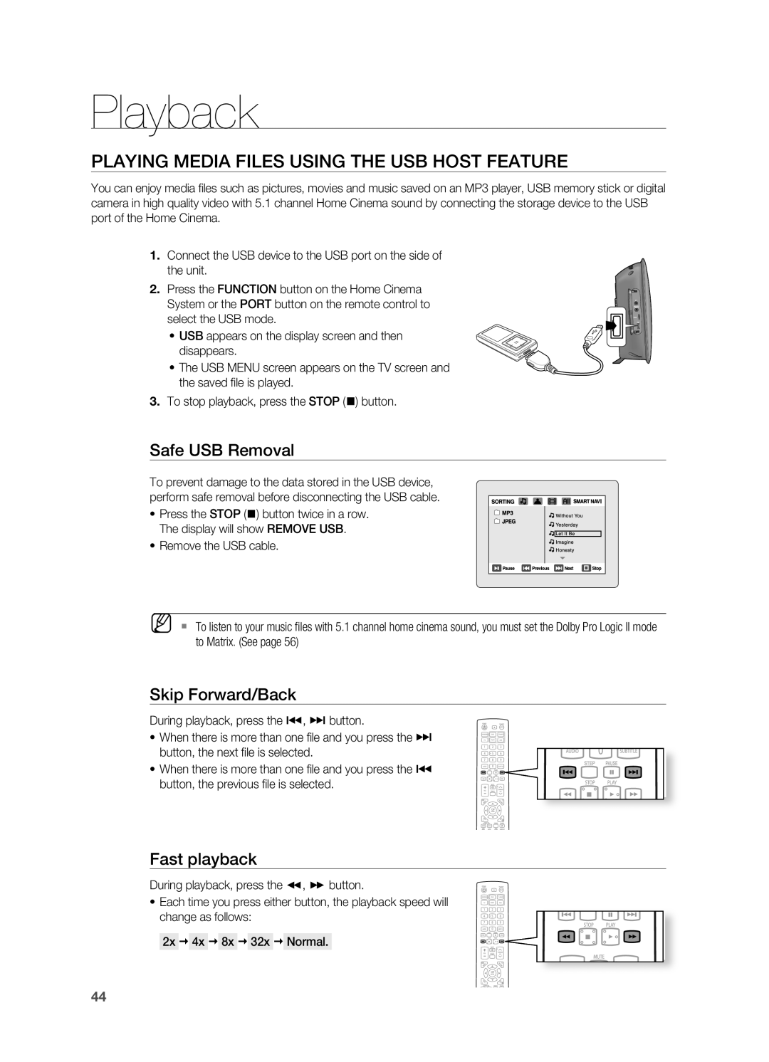 Samsung HT-X725G, HT-TX725G user manual Playing Media Files Using the USB Host FEATUrE, Safe USB removal 