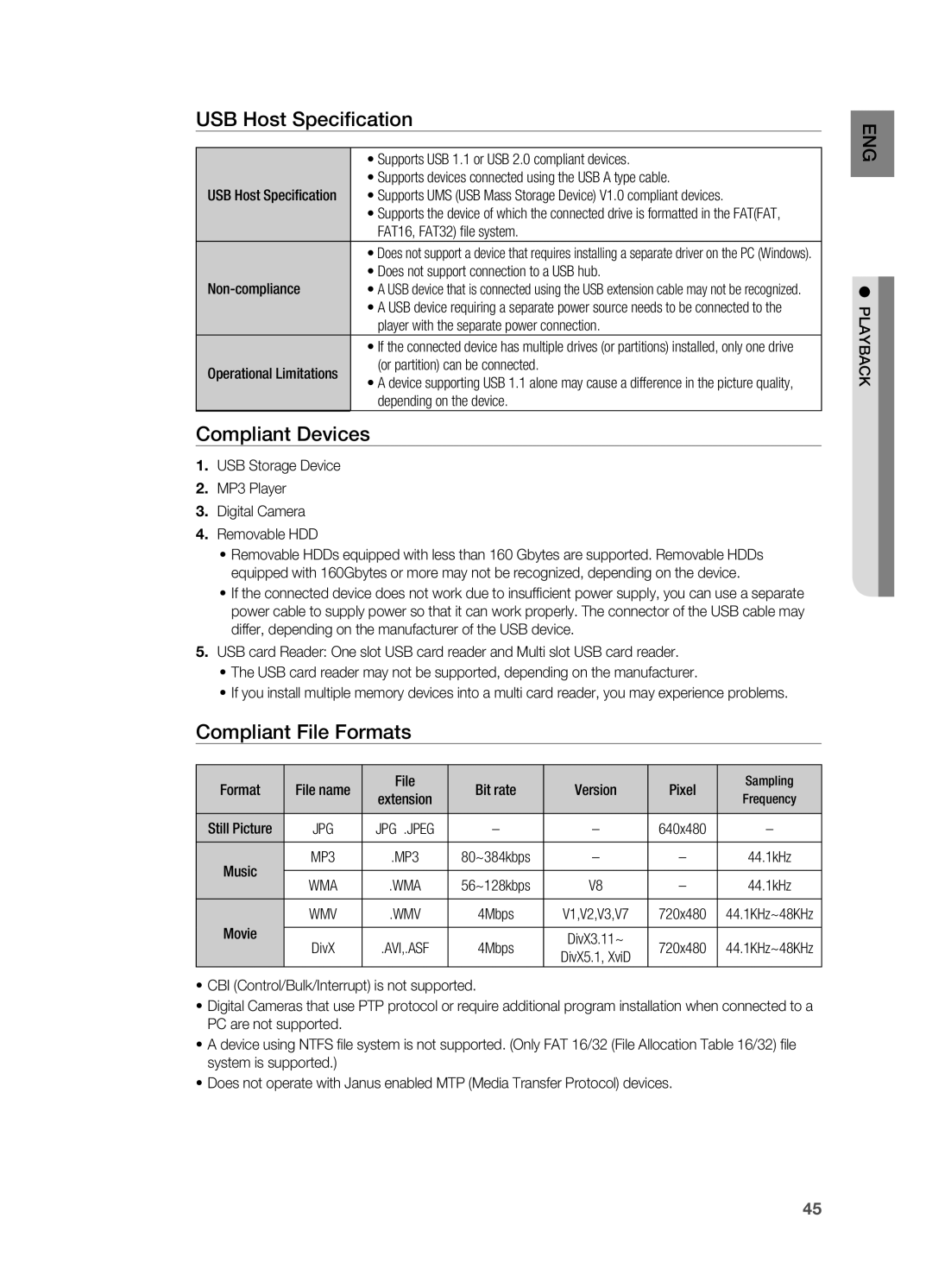 Samsung HT-X725G, HT-TX725G user manual USB Host Specification, Compliant Devices, Compliant File Formats 