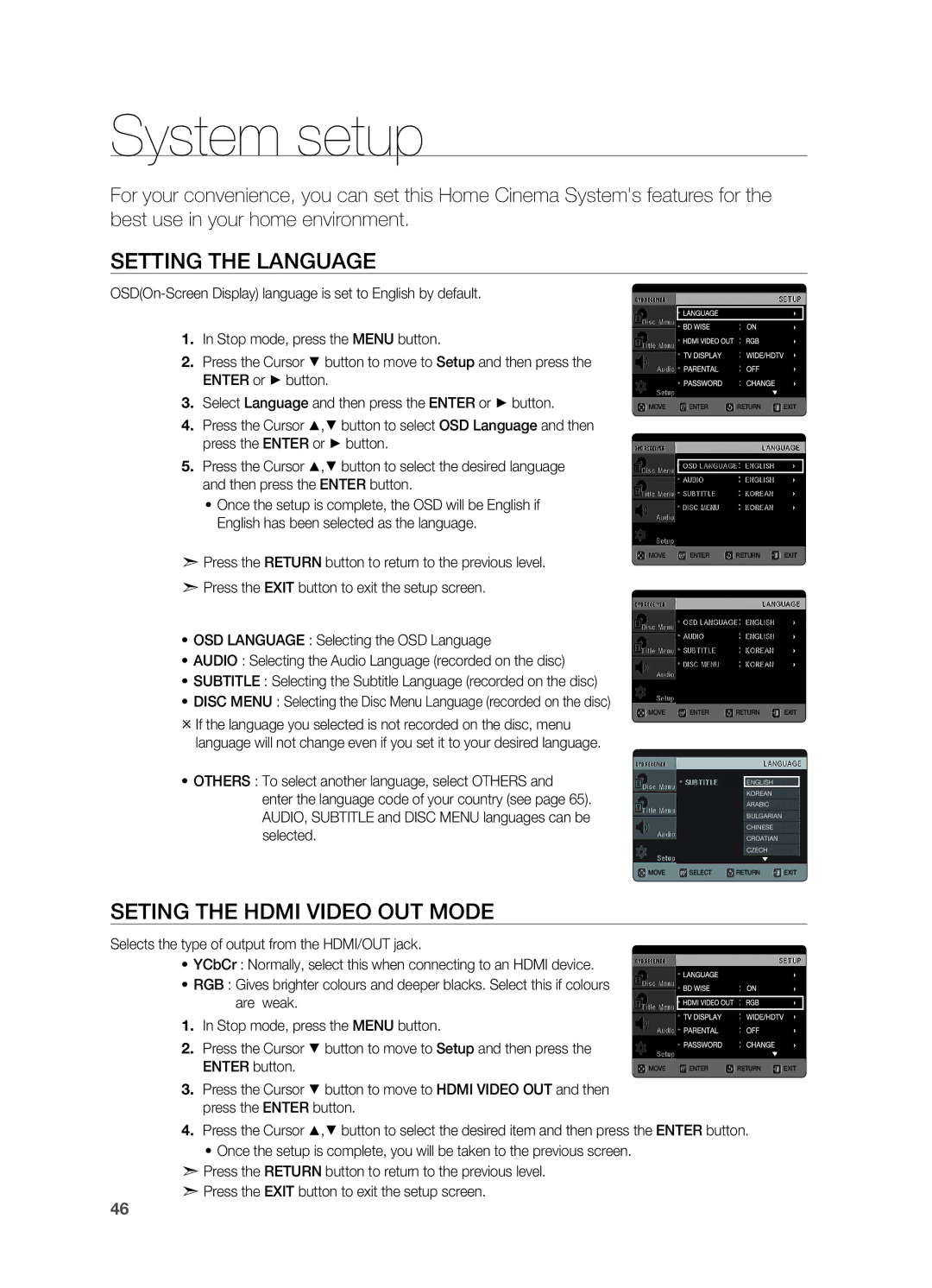 Samsung HT-TX725G, HT-X725G user manual System setup, Setting the Language, Seting the Hdmi Video OUT Mode 