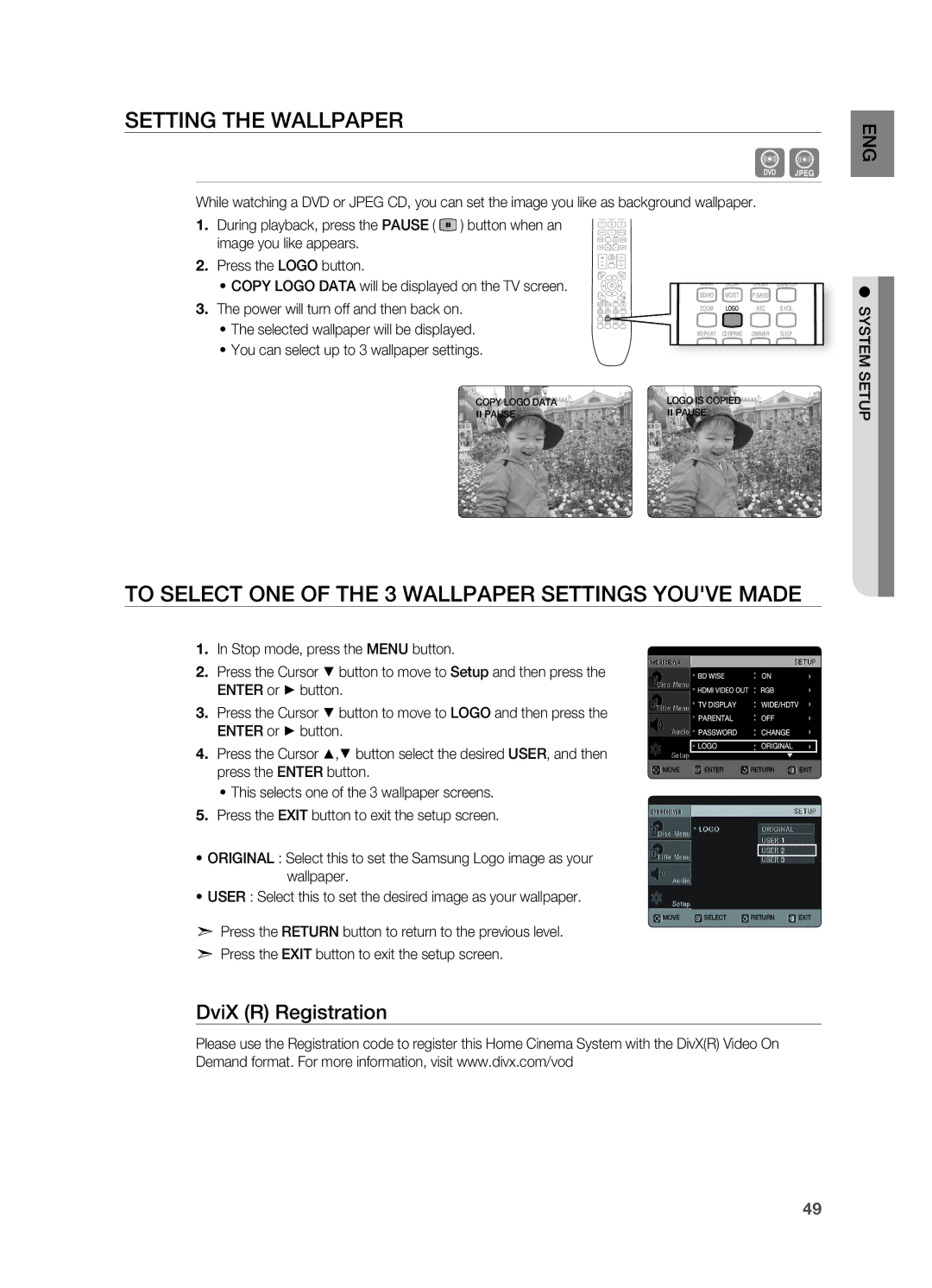 Samsung HT-X725G Setting the WALLPAPEr, To Select ONE of the 3 WALLPAPEr Settings Youve Made, DviX r registration 