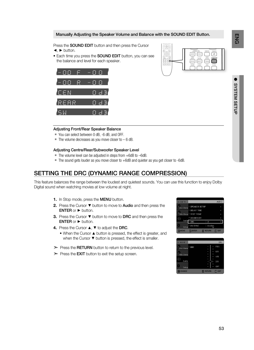 Samsung HT-X725G, HT-TX725G user manual Setting the DrC Dynamic rANGE COMPrESSION, System Setup 