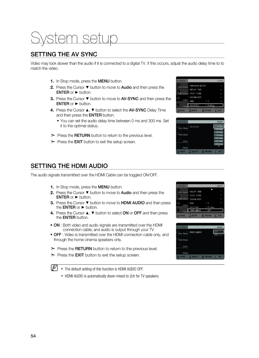 Samsung HT-TX725G, HT-X725G user manual Setting the AV Sync, Setting the Hdmi Audio 