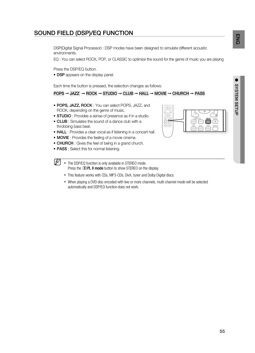 Samsung HT-X725G, HT-TX725G user manual Sound Field DSP/EQ Function 