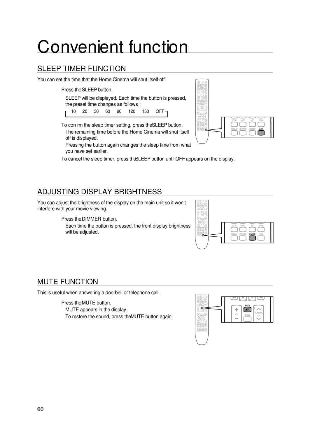 Samsung HT-X725G, HT-TX725G Convenient function, Sleep TIMEr Function, Adjusting Display BrIGHTNESS, Mute Function 