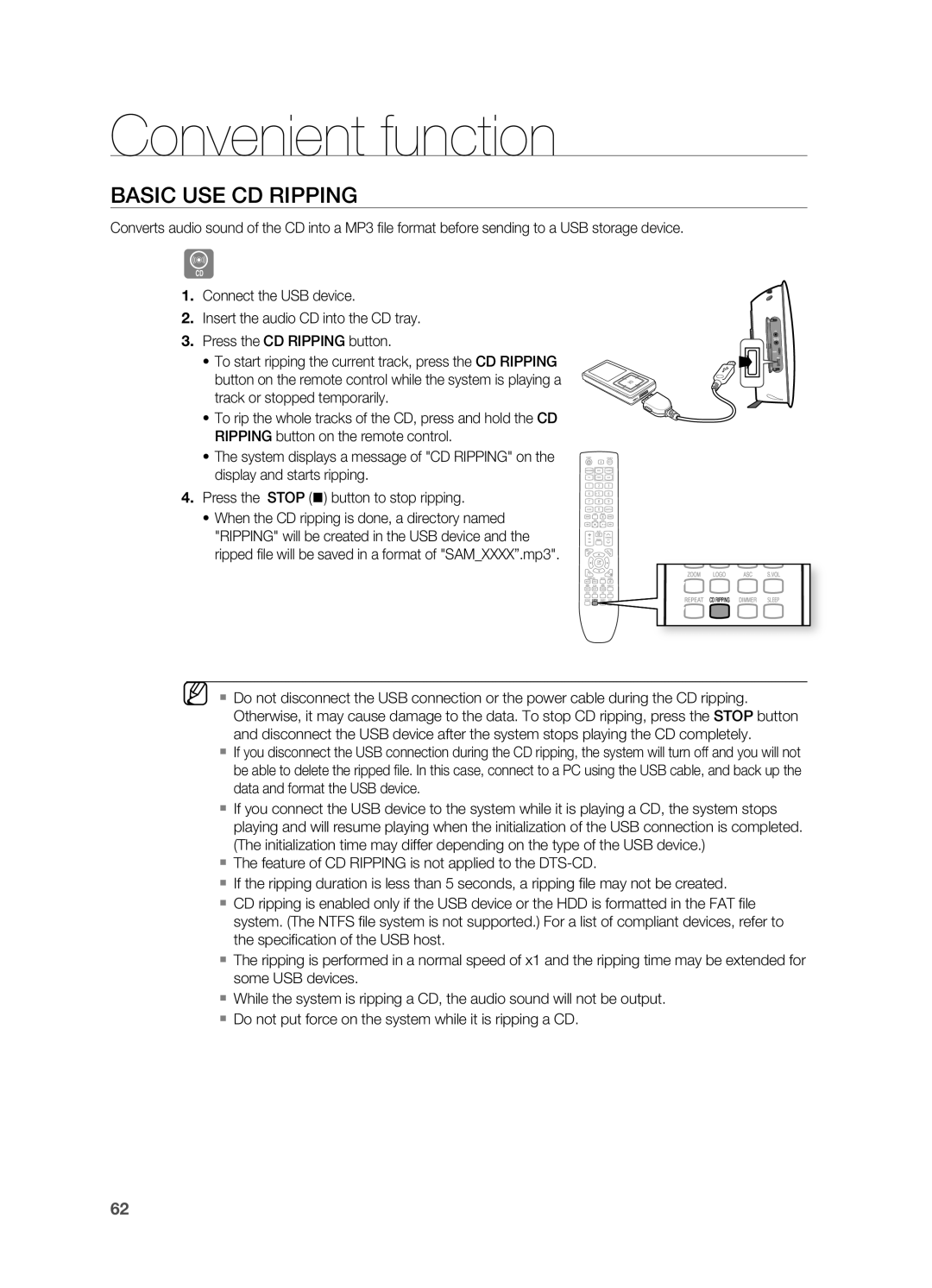 Samsung HT-TX725G, HT-X725G user manual Basic USE CD rIPPING 