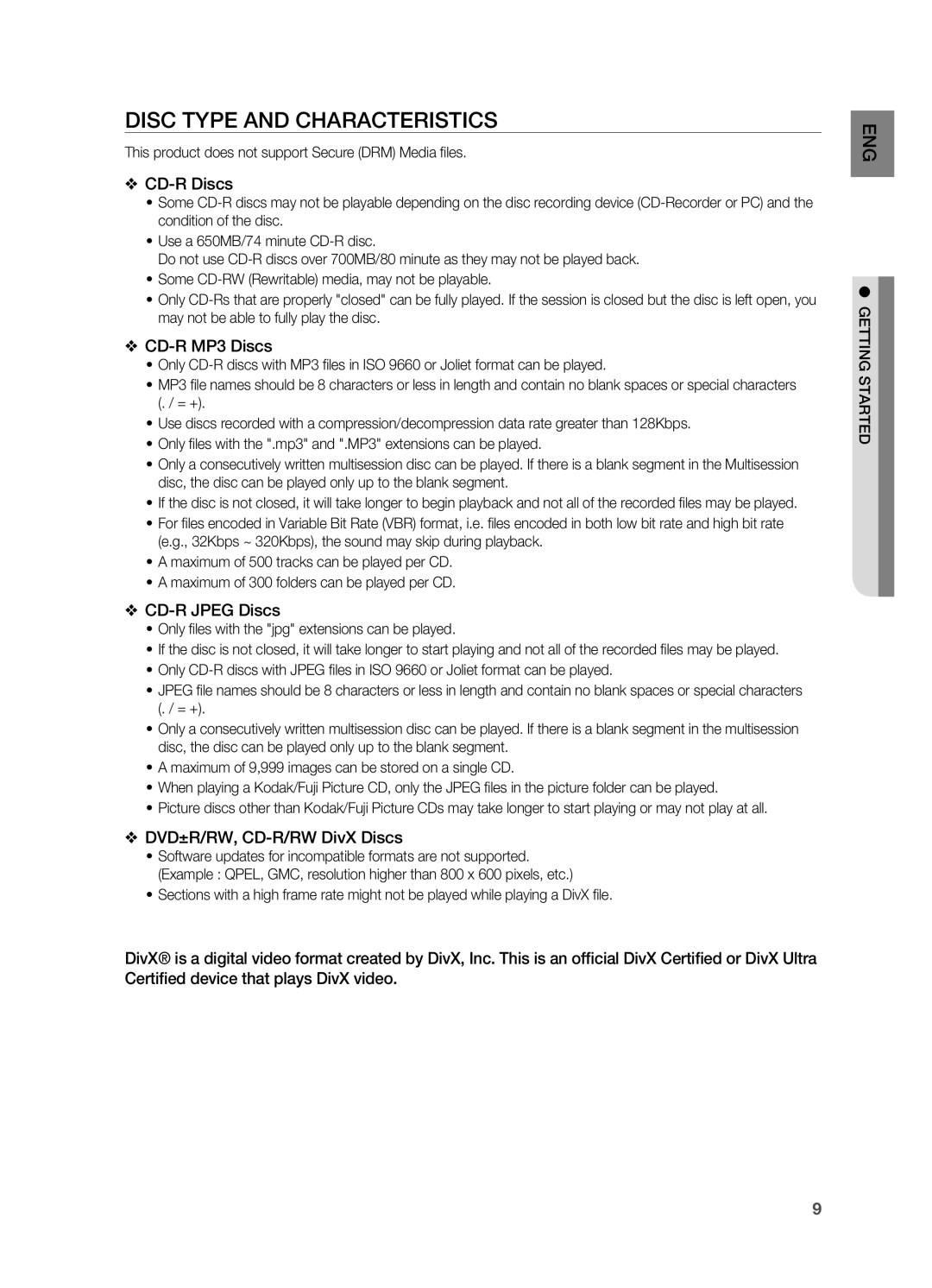 Samsung HT-X725G, HT-TX725G user manual Disc Type and Characteristics, This product does not support Secure DRM Media files 