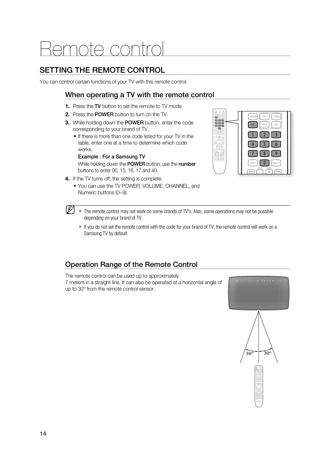 Samsung HT-TX725G, HT-X725 SETTING THE rEMOTE CONTrOL, Remote control, When operating a TV with the remote control 