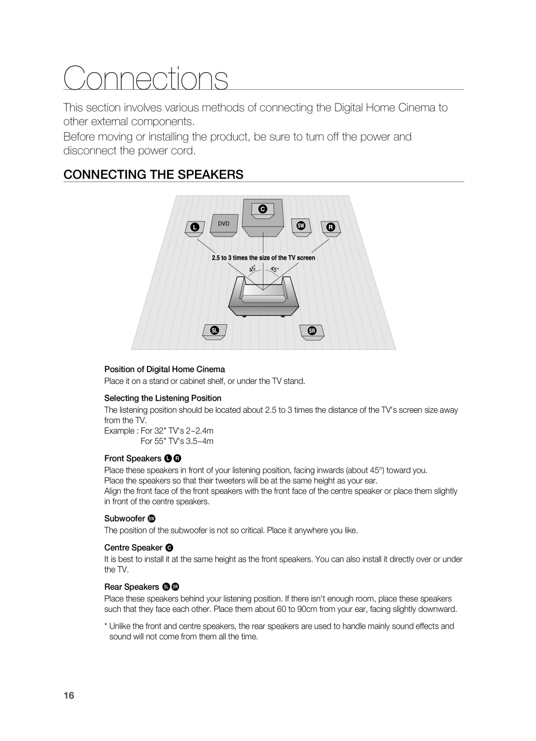 Samsung HT-X725G, HT-TX725G user manual Connections, Connecting the Speakers 
