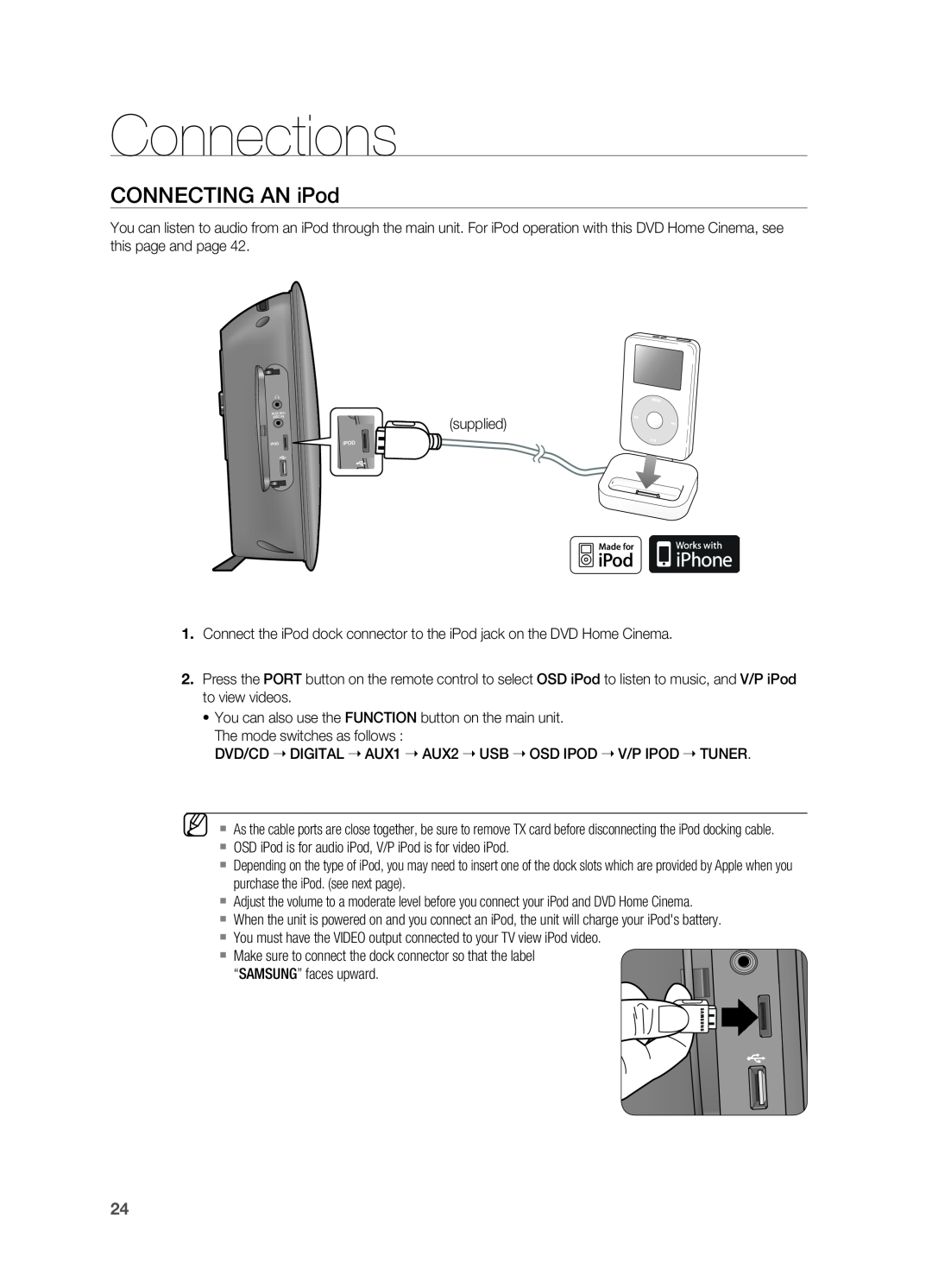 Samsung HT-X725G, HT-TX725G user manual Connecting an iPod, Connections 