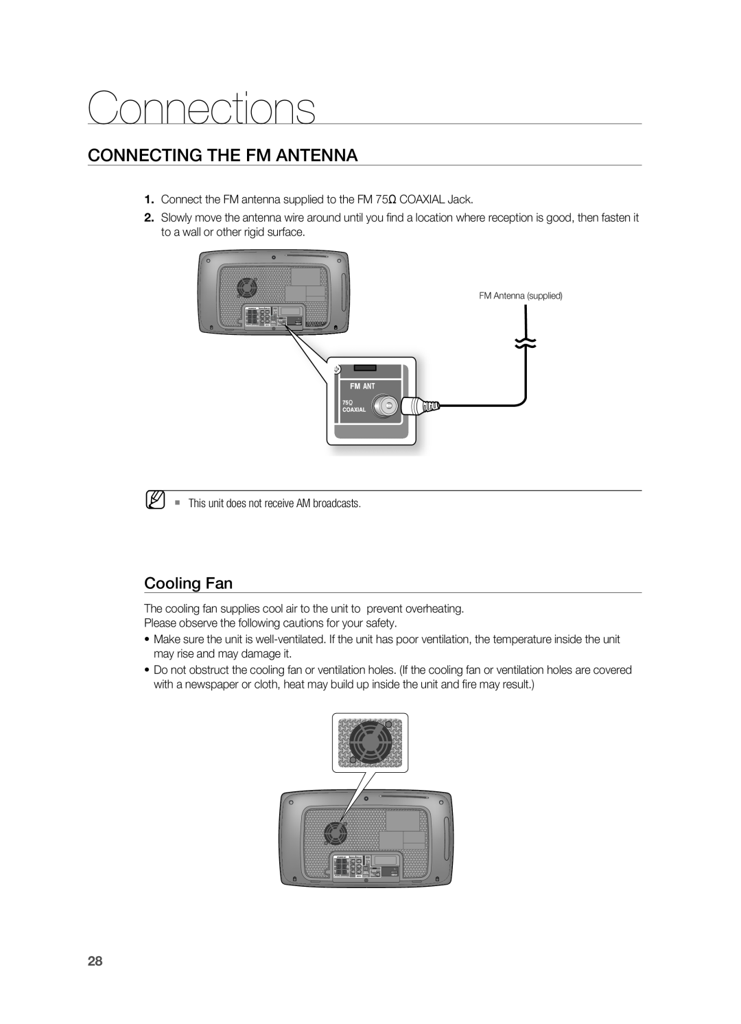 Samsung HT-X725G, HT-TX725G user manual Connecting The Fm Antenna, Connections, Cooling Fan 