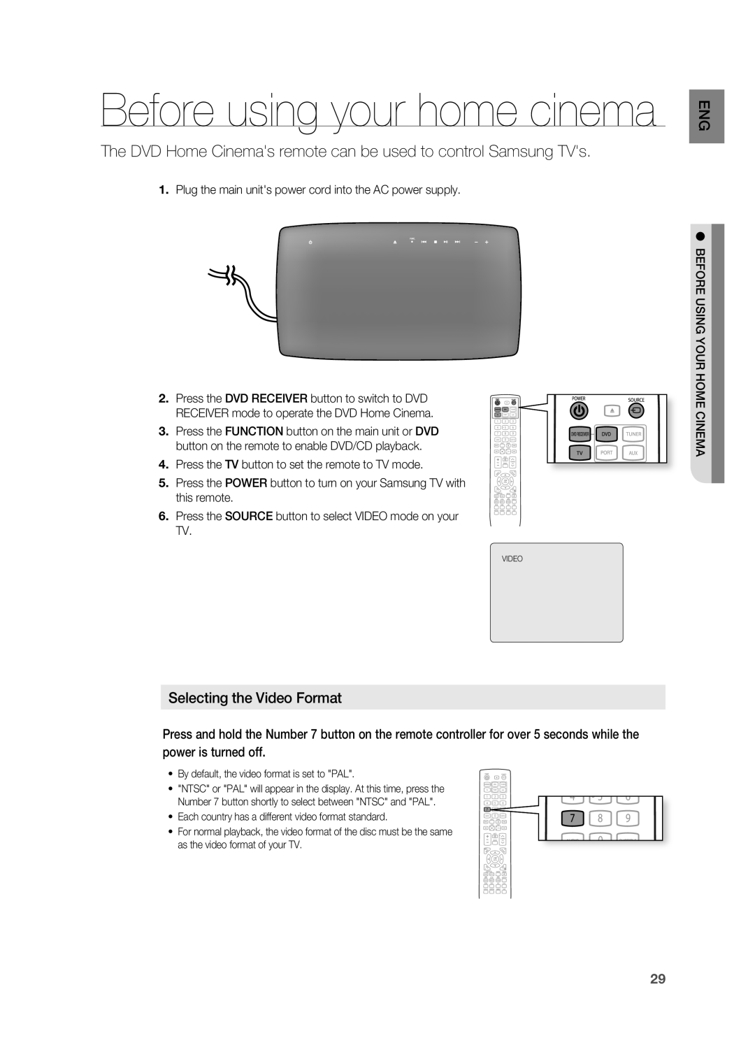 Samsung HT-X725G, HT-TX725G user manual Before using your home cinema, Selecting the Video Format 