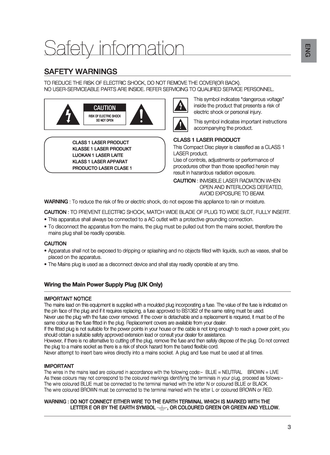 Samsung HT-X725G, HT-TX725G user manual Safety information, Safety Warnings, Wiring the Main Power Supply Plug UK Only 