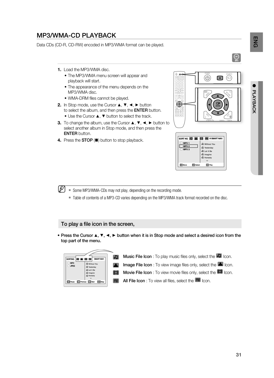 Samsung HT-X725G, HT-TX725G user manual MP3/WMA-CDPLAYBACK, To play a file icon in the screen 