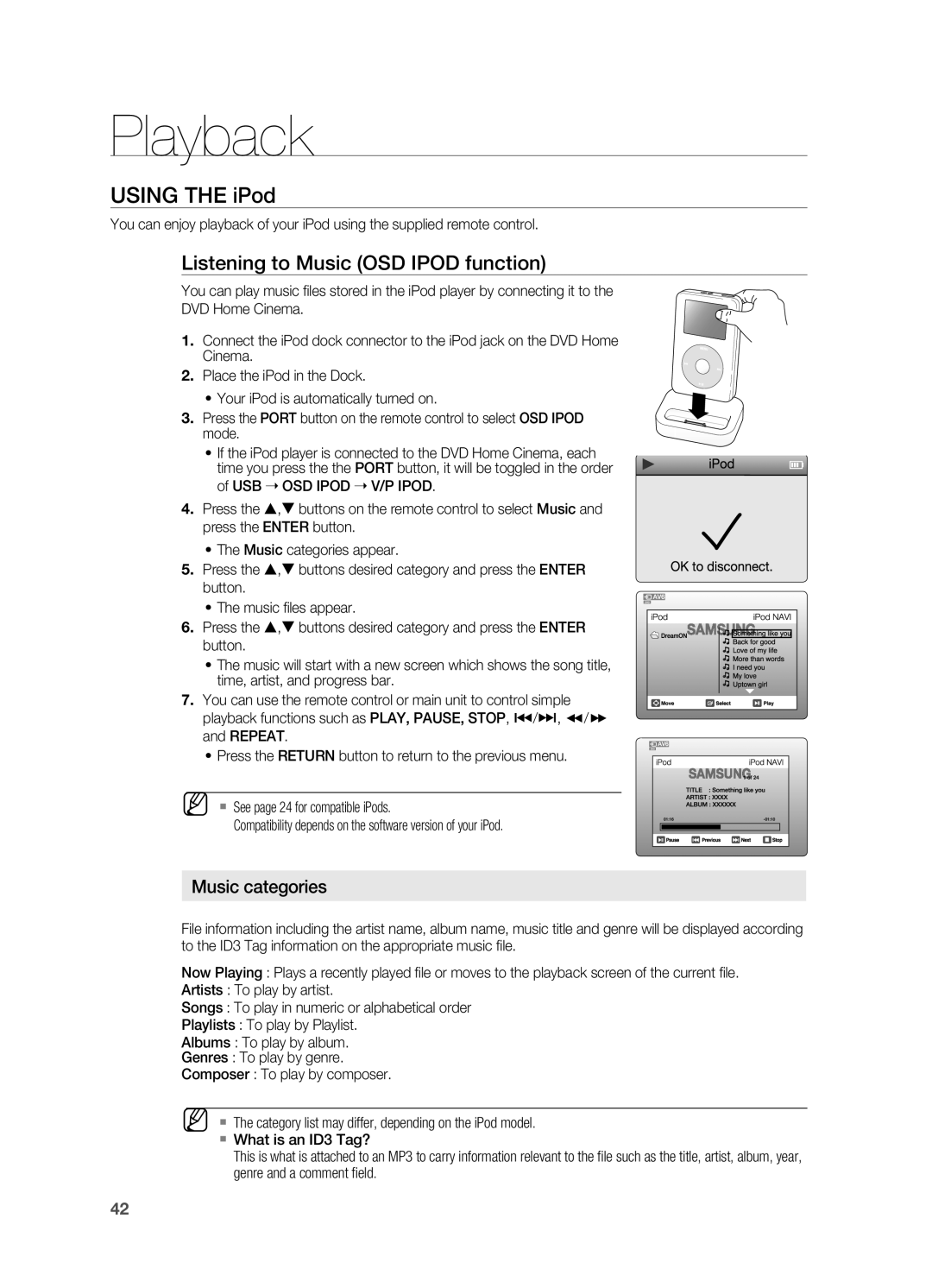 Samsung HT-TX725G, HT-X725G user manual USING THE iPod, Playback, Listening to Music OSD IPOD function, Music categories 