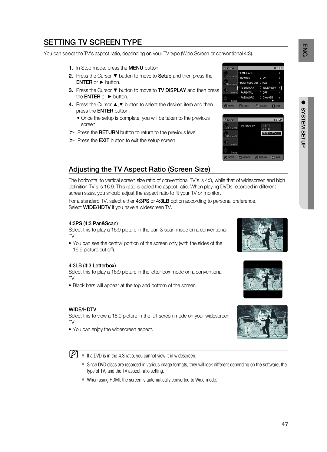 Samsung HT-X725G, HT-TX725G user manual Setting TV Screen Type, Adjusting the TV Aspect Ratio Screen Size 